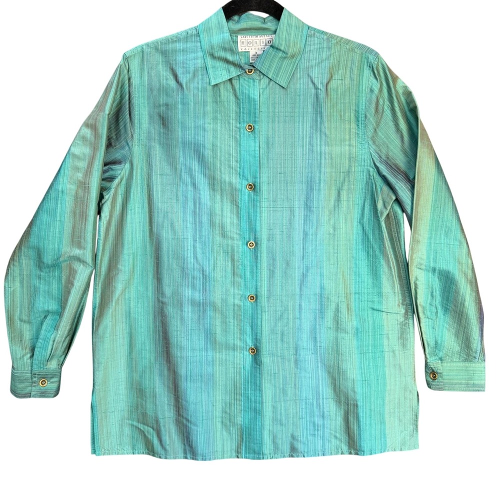 Saks Fifth Avenue Folio Silk Button Down Shirt Womens M Teal Iridescent Striped